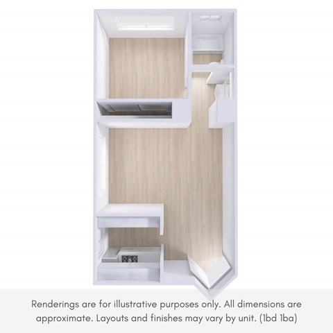 A rendering of a room with a shelving unit and a note that the image is for illustrative purposes only.